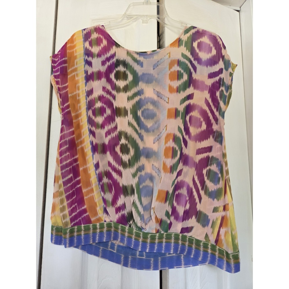 Broadway & Broome Women's 100% Silk Semi Sheer Colorful Top Art To Wear